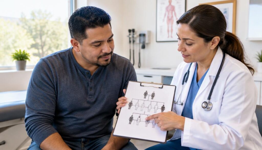 Médica revisando antecedentes familiares con un paciente durante una consulta