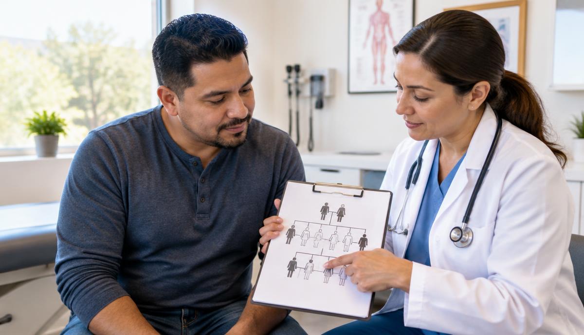 Médica revisando antecedentes familiares con un paciente durante una consulta