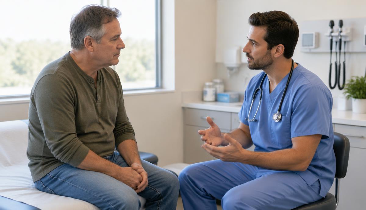 Paciente adulto conversa con un profesional de salud durante una evaluación médica.