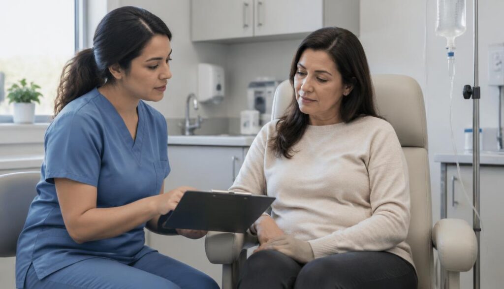 Profesional de salud conversa con una paciente junto a un soporte con solución intravenosa